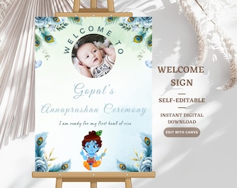 Krishna Theme Annaprashan Welcome Sign with Photo: Rice Feeding Decor (Digital Download)