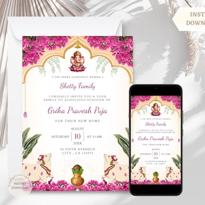 Traditionele puja-uitnodiging housewarming | Bougainvillea bloemen Griha Pravesh-kaart | e-card voor hindoe-inwijdingsfeest | Afdrukbare digitale uitnodiging