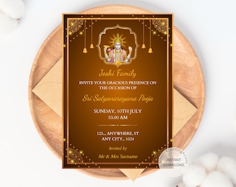 Puede incluir: Una tarjeta de invitación dorada y marrón con un borde decorativo. La tarjeta presenta una imagen de una deidad hindú y un texto que dice: "Joshi Family Invite Your Gracious Presence On The Occasion Of Sri Satyanarayana Pooja Sunday, 10th July 10.00 AM 123.., Anywhere, St Any City., 1024 Invited by Mr & Mrs Surname".