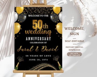Black and Gold 50th Anniversary Welcome Sign: Elegant Party Decor (Digital Download)
