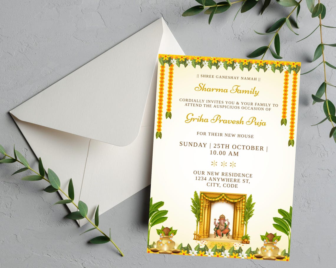 Traditional Griha Pravesh Invitation Card Template: Indian Housewarming ...