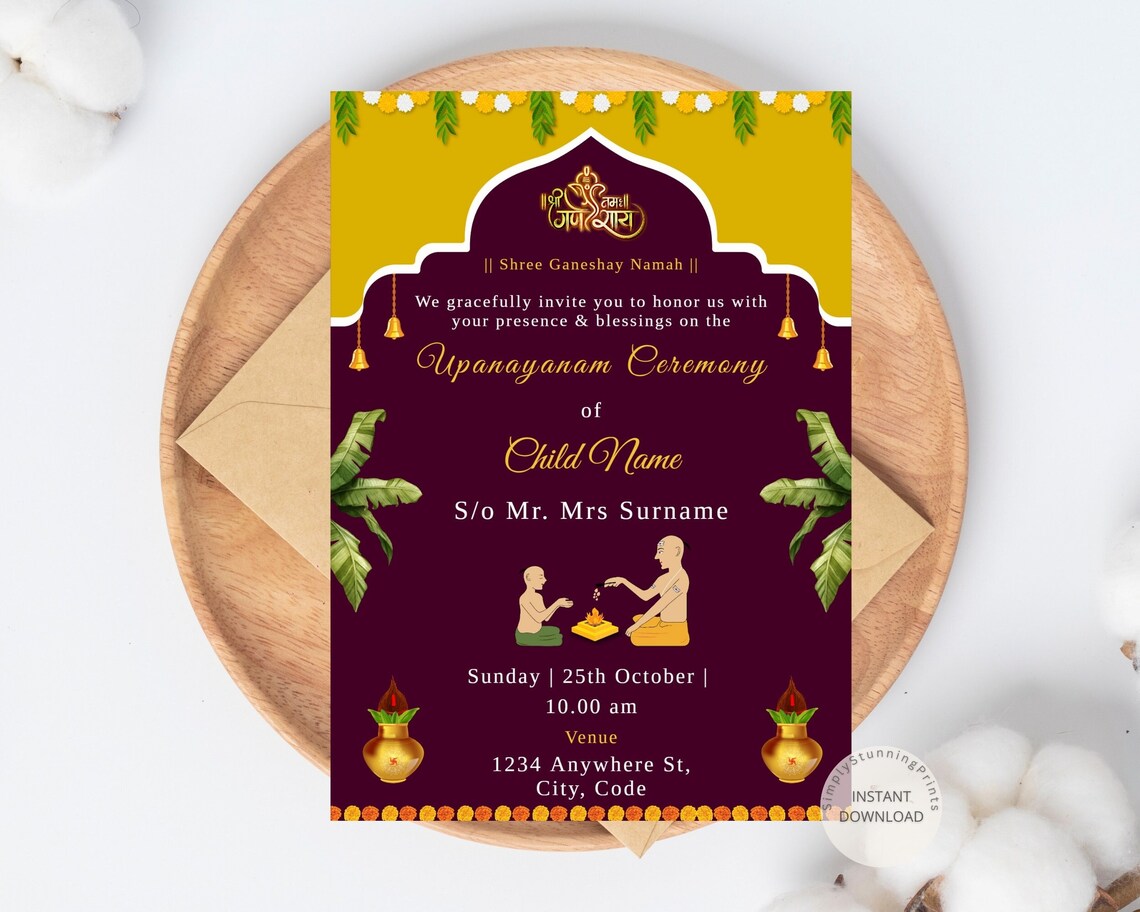 Upanayanam Invitation Card as Thread Ceremony Janoi Ceremony Invite