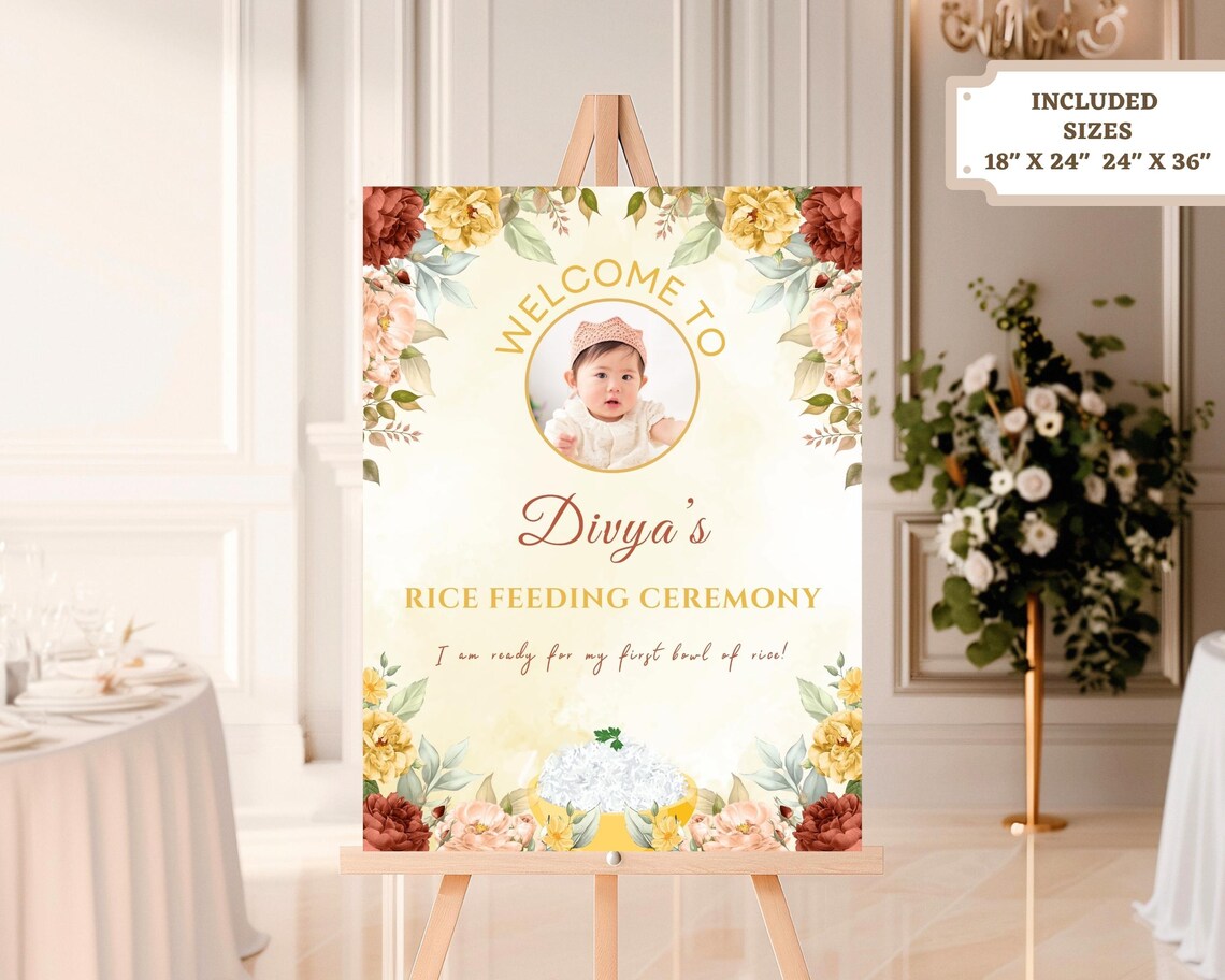 Welcome Rice Editable Rice Feeding Ceremony Welcome Sign: Floral Design (digital ...
