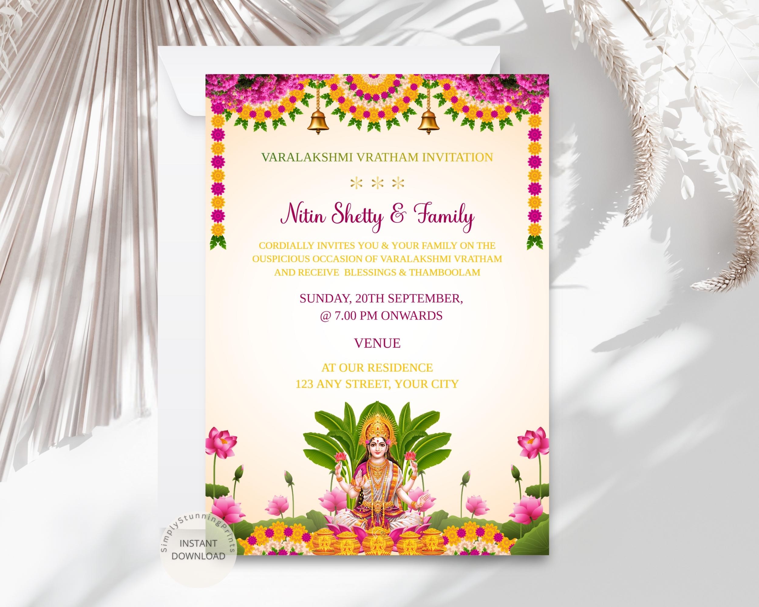 A digital invitation for Varalakshmi Vratham featuring traditional South Indian motifs