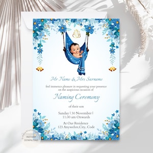 Blaue Blumen Namenszeremonie Einladung | Druckbares Baby Boy Namen einladen | Jungen Namenstag Karte | Namakaran Einladung | Digitale Einladung