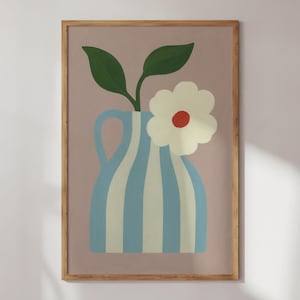 Impresión artística de pared con jarra a rayas - Póster de florero - Decoración de cocina colorida - Ilustración retro moderna - Obra botánica sin marco