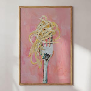 Stampa artistica da parete con spaghetti - Poster divertente con pasta - Decorazione moderna per cucina - Illustrazione astratta di cibo - Opera d'arte rosa senza cornice