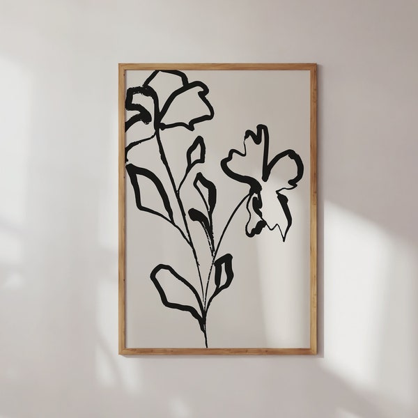 Black Abstract Floral Art Print, Vintage Flower Abstract Art, Printable Art, Gallery Wall Art, Minimal Prints, Modern Art, Botanical Art