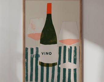Weinposter mit Rosenflasche und Gläsern, Wandbild für Küche und Bar, illustriert