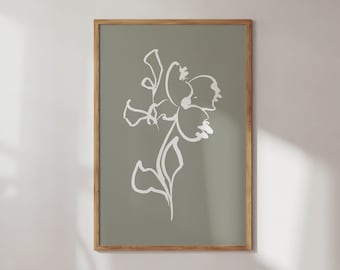 セージグリーンの花柄プリント：抽象的な植物のウォールアート（デジタルダウンロード）