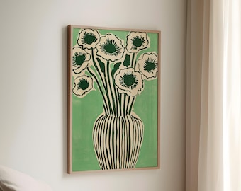 Botanical Green Floral Art Print | Abstract Flower Vase Wall Decor | Minimalist Modern Home Printable | Digital Download for Living Room