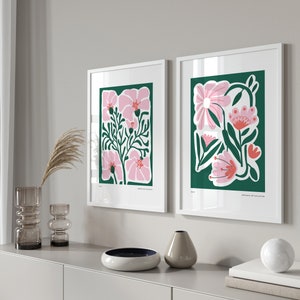 Set of 2 Bright Abstract Flower Botanical Prints, Floral Wall Art Posters, Modern Pink and Green Prints, Scandinavian Gallery Wall Prints