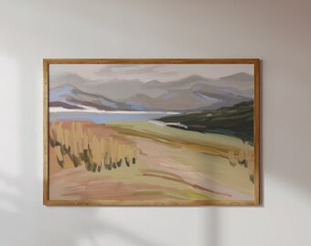 Puede incluir: Una pintura abstracta de paisaje enmarcada con una paleta de colores suaves. La pintura presenta una cordillera en el fondo, un cuerpo de agua en el medio y un campo de hierba alta en primer plano. Los colores son principalmente tonos de marrón, verde y azul.