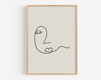 Könnte beinhalten: Eine Schwarz-Weiß-Linienzeichnung eines Gesichts mit geschlossenem Auge und einem herzförmigen Mund auf beigefarbenem Hintergrund.