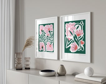 Abstract Floral Print Set: Modern Pink Green Botanical Art (Digital Download)