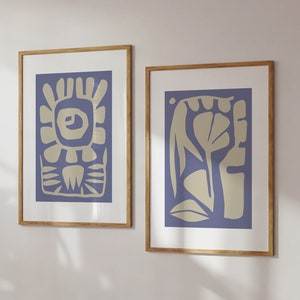 Set Of 2 Blue Mid Century Abstract Floral Shapes Print, Retro Wall Art Set, Mid Century Modern Prints, Gallery Wall Prints, Scandinavian Art