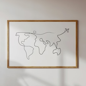 Wereldkaart Line Art Print, Reizen Afdrukbaar, Vliegtuig Line Art Print, Minimale Prints, Zwart-wit Prints, Gallery Wall Art Prints