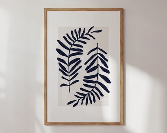 Navy Blue Leaf Art Print: Abstract Botanical Wall Decor (Digital Download)