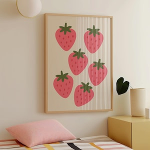 Strawberry Wall Art | Kitchen Fruit Print | Cute Digital Download Poster | Mid Century Modern Decor | Cottagecore Gift | Printable Art