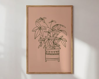 May include: Line art drawing of a potted plant with green leaves on a peach background. The plant is in a brown pot with a geometric pattern.