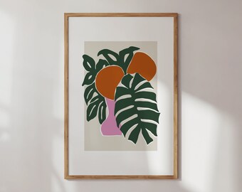 Stampa di foglie di Monstera: arte botanica boho brillante (download digitale)