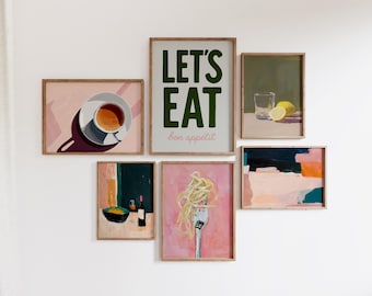May include: A set of six framed art prints with a food theme. The prints feature a cup of coffee, a glass of water with a lemon, a bowl of pasta, a bottle of wine, a bowl of soup, and a sign that says "Let's Eat bon appétit".