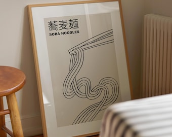 May include: A framed print with a beige background and black line art of chopsticks holding a bunch of soba noodles. The text "蕎麦" in Japanese characters and "SOBA NOODLES" in English are printed above the noodles.