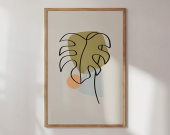Abstract Monstera Leaf Print: Fine Line Boho Wall Art (Digital Download)