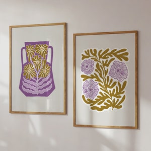 Conjunto de dos impresiones florales abstractas modernas, juego de galería de pared, impresiones en verde y morado, jarrón floral, impresiones botánicas, arte mural imprimible, flores
