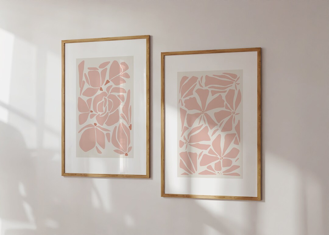 Set of Two Abstract Pink Floral Prints, Flower Print Set, Retro Mid ...