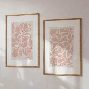 Set of two abstract pink floral prints, flower print set, retro mid century prints, gallery wall, neutral pink abstract botanical wall art
