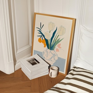 Impresión de jarrón floral con tulipanes / Arte mural botánico moderno / Póster de flores con dibujo lineal / Decoración cottagecore / Descarga digital / Impresión primaveral