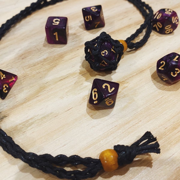 Dungeons and Dragons d20 dice holder necklace macrame style jewellery cord jewellery DnD theme accessories RPG MTG