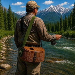 May include: A brown woven wicker fishing creel with a dark brown leather strap and buckle closure, worn over the shoulder with a green canvas strap. The creel features a rectangular opening on the lid and is designed for carrying caught fish.