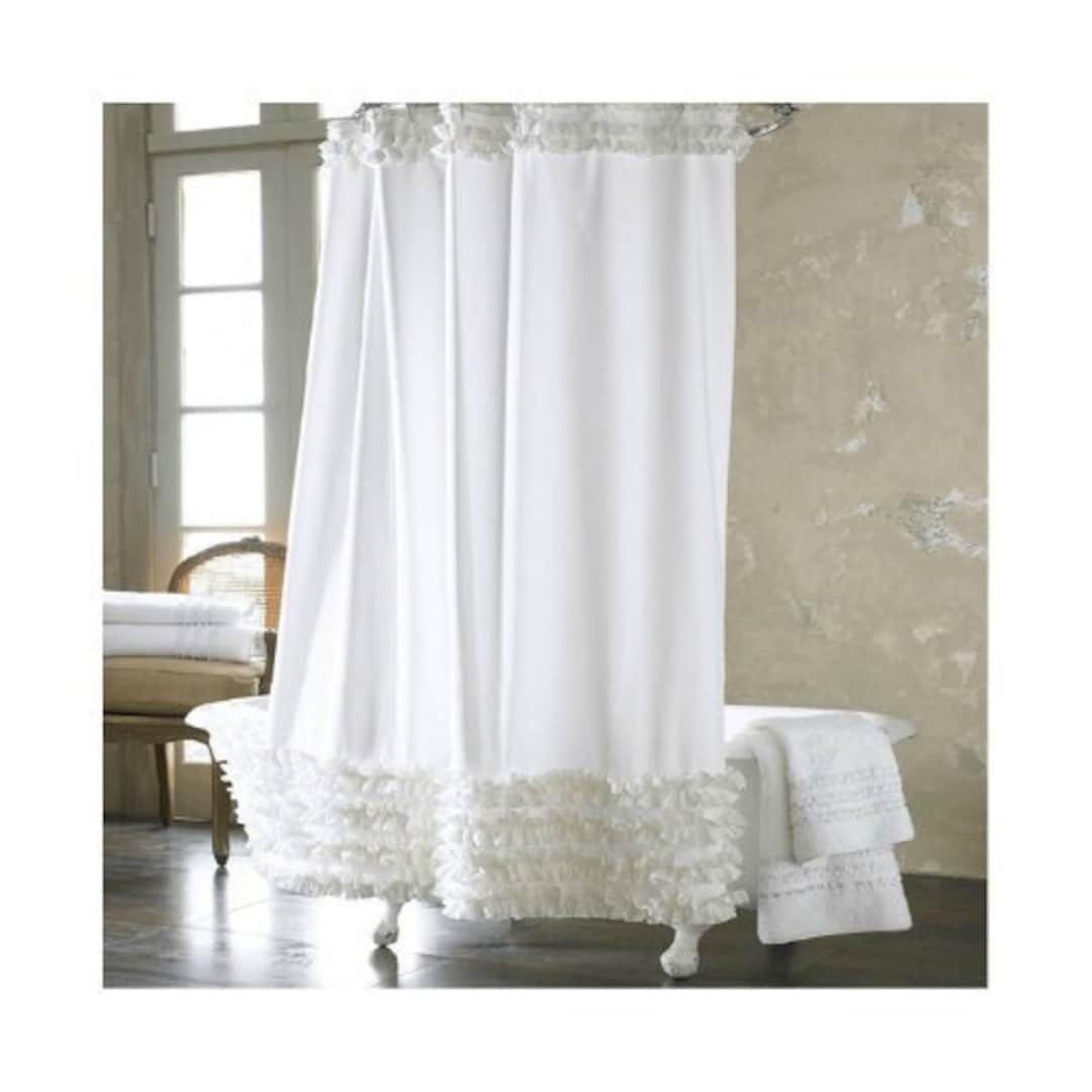 White Shower Curtain, Ruffled Farmhouse Shower Curtain, White Frilly
