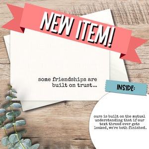 May include: A white greeting card with the text "NEW ITEM!" on a pink banner. The card reads "some friendships are built on trust..." and "INSIDE:" with a humorous message about text threads.