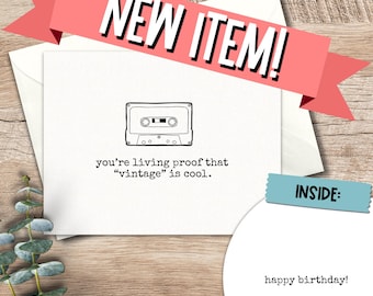 Funny Vintage Birthday Card: 70's 80's kid, cassette tape, mixed tape
