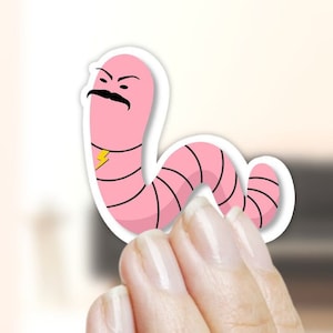 May include: A pink worm sticker with a black mustache and a yellow lightning bolt. The worm is curled into a letter 'W' shape.
