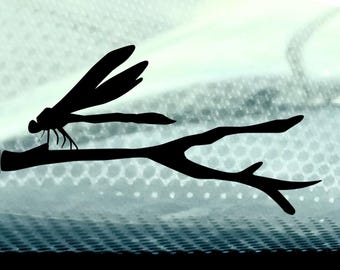 Dragonfly on Branch Decal: Minimalist Black Vinyl Sticker
