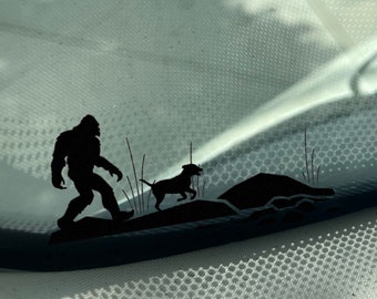 Bigfoot Walking Dog Vinyl Decal, Funny Sasquatch Car Window Sticker