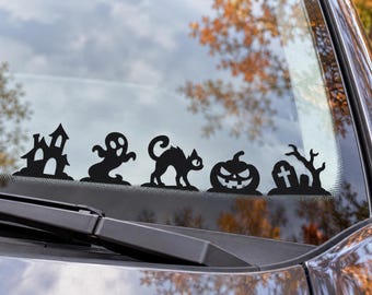 Halloween Car Window Decals, 5-Piece Spooky Vinyl Set, Ghost, Cat, Pumpkin and Haunted House