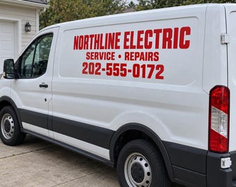 Custom Cargo Van Decal Kit, Business Name & Phone Vinyl Lettering (2 Sides + Rear)