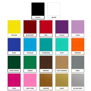 May include: A color chart featuring a variety of hues, including black, white, yellow, red, blue, green, pink, and metallic shades like gold and silver. Each color is labeled with its name in a clear, easy-to-read font.