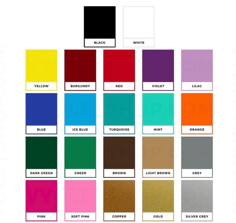 May include: A color chart featuring a variety of hues, including black, white, yellow, red, blue, green, pink, and metallic shades like gold and silver. Each color is labeled with its name in a clear, easy-to-read font.