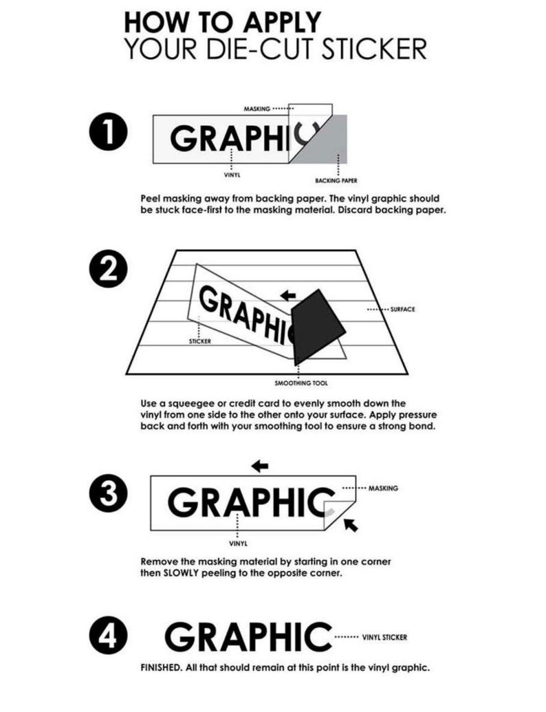 May include: A step-by-step guide on how to apply a die-cut sticker. The instructions are numbered and include illustrations of the process, from peeling the backing paper to smoothing the vinyl graphic onto a surface. The word "GRAPHIC" is prominently displayed.
