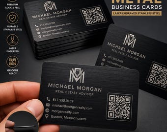Custom Black Metal Business Cards, Laser Engraved Stainless Steel, 0.8mm Thick (QR Code Ready)