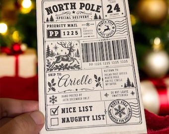 Personalized North Pole Christmas Labels, 10 Vintage 4x6 Gift Stickers, Nice/Naughty List
