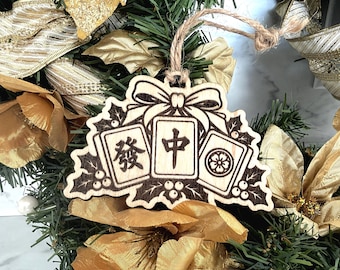 Mahjong Christmas Ornament, Engraved Birch Wood, Gift for Mahjong Players, Bow & Holly