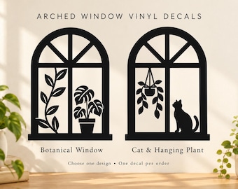 Arched Window Vinyl Decal, Botanical Plants or Cat Silhouette, Car Window and Laptop Sticker