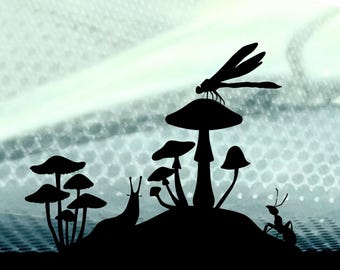 Dragonfly & Mushroom Decal Vinyl Cottagecore Forest Scene